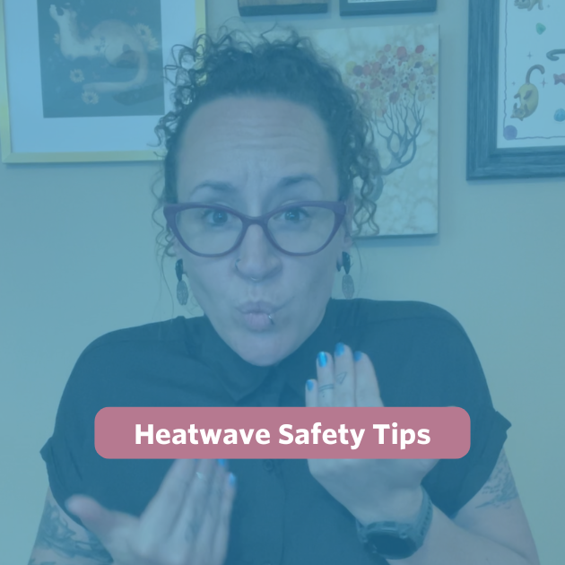 A white nonbinary person signs "cool" in ASL. A soft blue overlay covers the image. The background is pink with bold white text that reads: Heatwave Safety Tips.