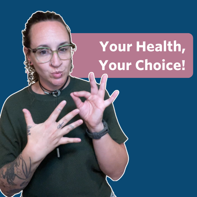 The post has a video thumbnail with blue shading overlaid. The middle has a text bubble that reads “Your Health, Your Choice!” in white text with rose background.