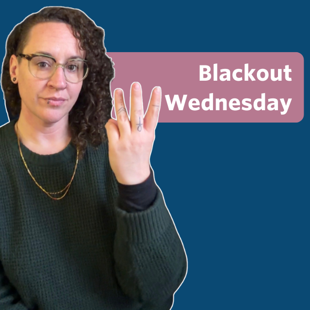 The video thumbnail features a text bubble in the center that reads &lsquo;Blackout Wednesday&rsquo; in white text on a rose-colored background. In the video, a white nonbinary person (Bee) is signing to the camera. Bee has brown curly hair worn down, and is wearing pants, a forest green sweater, and two gold chain necklaces.