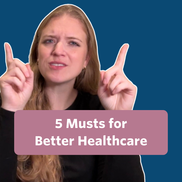 The post has a video thumbnail with blue shading overlaid. The middle has a text bubble that reads &ldquo;5 Musts for Better Healthcare&rdquo; in white text with rose background. In the video, a woman with blonde wavy hair is sitting in front of the camera. She is wearing a black top.