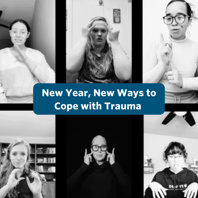 A 3×3 grid image of nine black-and-white video frames featuring different people. Blue background and white text: New Year, New Ways to Cope with Trauma