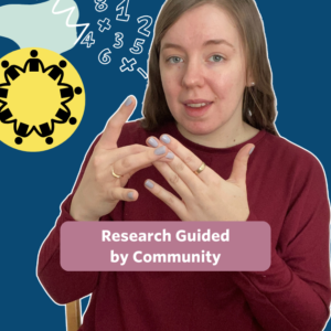 The post has a video thumbnail with blue shading overlaid. The middle has a text bubble that reads “Research Guided by Community” in white text with rose background. In the video: A white woman with long light, brown hair. She is wearing a maroon top with pearl earrings. There are a symbol representing community connection, along with white outlined numbers in the background.