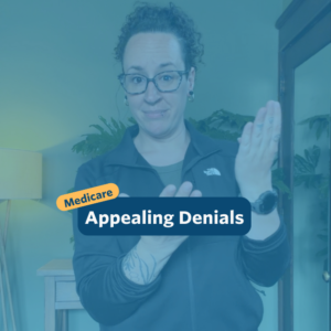 The post has a video thumbnail with blue shading overlaid. The top middle has "Medicare: Appealing Denials” in white text with light blue background, accompanied by a yellow bubble with “Medicare” in blue. In the video: A nonbinary person with long, curly brown hair that is shaved on the right side of their head and pulled back stands in front of the camera. Behind them is a light wooden entry table with a potted monstera plant set against a green wall. They are wearing a black zip sweater and black pants.