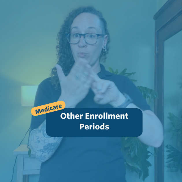 The post has a video thumbnail with blue shading overlaid. The top middle has "Medicare: Other Enrollment Periods&rdquo; in white text with light blue background, accompanied by a yellow bubble with &ldquo;Medicare&rdquo; in blue. In the video: A nonbinary person with long, curly brown hair shaved on the right side of their head stands in front of the camera. Behind them is a light wooden entry table with a potted monstera plant set against a green wall. They are wearing black pants and a black polo top.