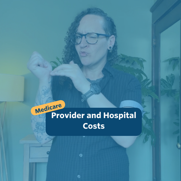 The post has a video thumbnail with blue shading overlaid. The top middle has "Medicare: Provider and Hospital Coverage&rdquo; in white text with light blue background, accompanied by a yellow bubble with &ldquo;Medicare&rdquo; in blue. In the video: A nonbinary person with long, curly brown hair that is shaved on the right side of their head stands in front of the camera. Behind them is a light wooden entry table with a potted monstera plant set against a green wall. They are wearing black pants, a black button down shirt over a gray top, and glasses.