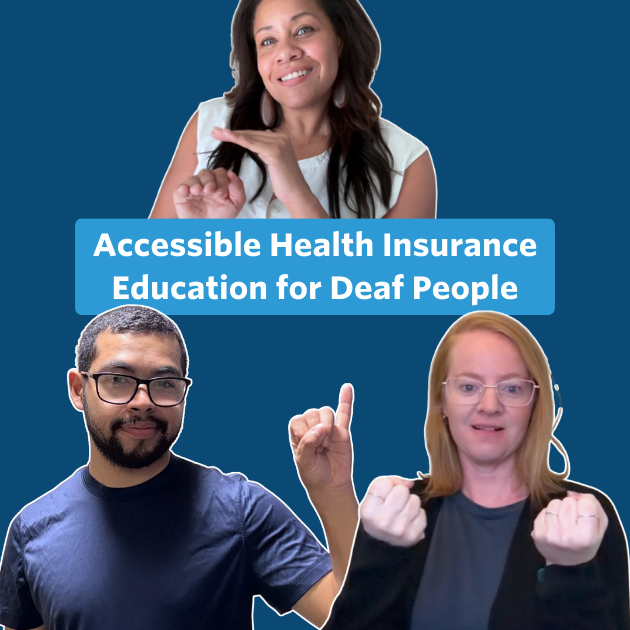 The post features a video thumbnail with a blue overlay and a centered speech bubble containing the text, “Accessible Health Insurance Education for Deaf People,” in white lettering on a light blue background. The thumbnail shows four CSD team members signing. Bee, a White queer person with short curly hair, wears a black zip-up jacket over a dark floral button-up shirt. Rosevetta, an Afro-Latina woman with shoulder-length brown hair, wears a white blouse, brown belt, mustard-yellow trousers, and an emotional-support jacket while signing in front of a light blue background with books, artwork, and decorative items visible behind her. Octavio, a medium-brown-skinned Latino man wearing a navy-blue shirt, signs in front of a plain white background. Laura, a fair-skinned woman with strawberry-blonde hair, wears a black long-sleeved top and signs indoors against a neutral-colored wall.