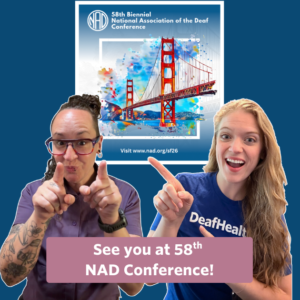 he post has a video thumbnail with NAD workshop information. The middle has a text that reads “From Overwhelmed to Empowered: Navigating Your Care” in black and navy text with light grey background. In the video: Allysa and Bee are signing to the video. Allysa, a white woman with blonde wavy hair is sitting in front of the camera. She is wearing a navy DeafHealth top. Bee, a white person with long brown curly hair. They are wearing a purple top.
