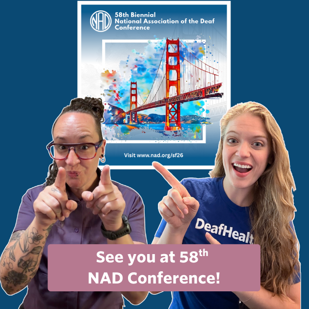 he post has a video thumbnail with NAD workshop information. The middle has a text that reads “From Overwhelmed to Empowered: Navigating Your Care” in black and navy text with light grey background. In the video: Allysa and Bee are signing to the video. Allysa, a white woman with blonde wavy hair is sitting in front of the camera. She is wearing a navy DeafHealth top. Bee, a white person with long brown curly hair. They are wearing a purple top.